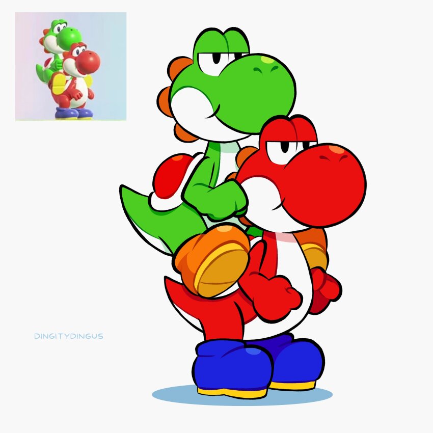 2boys absurdres artist_name blue_footwear boots brown_footwear carrying highres mario_(series) multiple_boys nintendo piggyback red_yoshi reference_inset simple_background super_mario_bros._wonder vinny_(dingitydingus) white_background yoshi