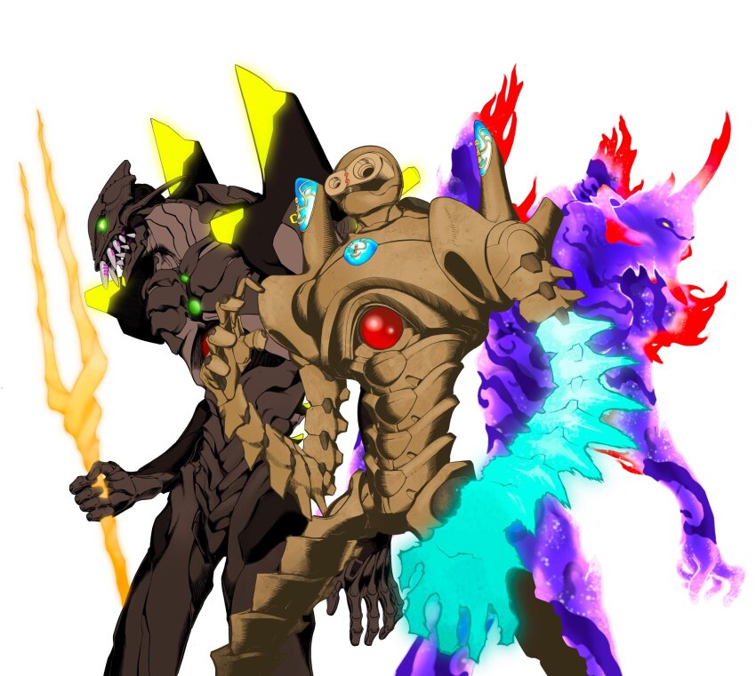 alternate_design crossover daidarabocchi_(mononoke_hime) dandagouglas eva_01 evangelion_(mecha) glowing glowing_arm glowing_eyes highres kaze_no_tani_no_nausicaa kyoshinhei lance_of_longinus_(evangelion) laputa_robot lineup mecha mononoke_hime monster neon_genesis_evangelion no_humans robot spirit teeth tenkuu_no_shiro_laputa weapon white_background