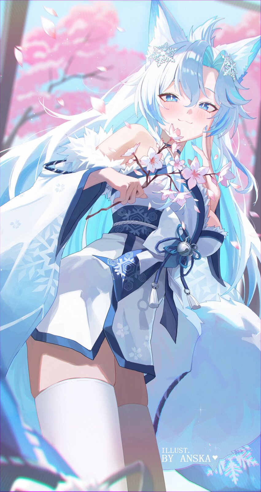 1girl absurdres animal_ears bare_shoulders bell blue_eyes blue_nails bow breasts cherry_blossoms colored_inner_hair cropped_legs detached_sleeves fox_ears fox_girl fox_tail hair_ornament highres indie_virtual_youtuber japanese_clothes kimono kitsune large_breasts long_hair looking_at_viewer multicolored_hair pantsu_shot parted_bangs short_kimono sidelocks smug_alana snowflake_hair_ornament snowflake_print standing tail thighhighs two-tone_hair virtual_youtuber white_bow white_hair white_kimono white_thighhighs