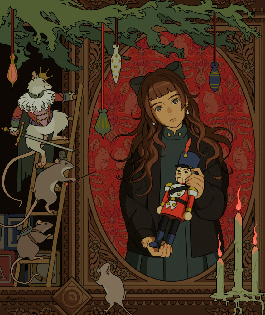 1girl 5boys absurdres brown_hair candle christmas christmas_ornaments christmas_tree climbing collar crown earrings frilled_collar frills grey_eyes highres holding holding_needle holding_sword holding_weapon jewelry ladder long_hair looking_at_object looking_at_viewer mouse_(animal) mouse_king multiple_boys needle needle_sword nutcracker portrait_(object) red_eyes sarakipin sword the_nutcracker thimble weapon
