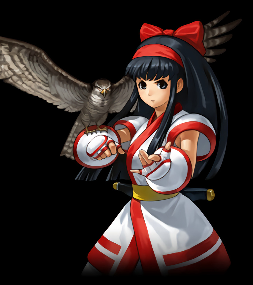 1girl ainu_clothes black_hair breasts clenched_hand fighting_stance fingerless_gloves gloves grey_eyes hair_ribbon highres legs long_hair looking_at_viewer mamahaha medium_breasts nakoruru official_art ogura_eisuke pants rhythm_of_fighters ribbon samurai_spirits serious snk solo the_king_of_fighters thighs weapon