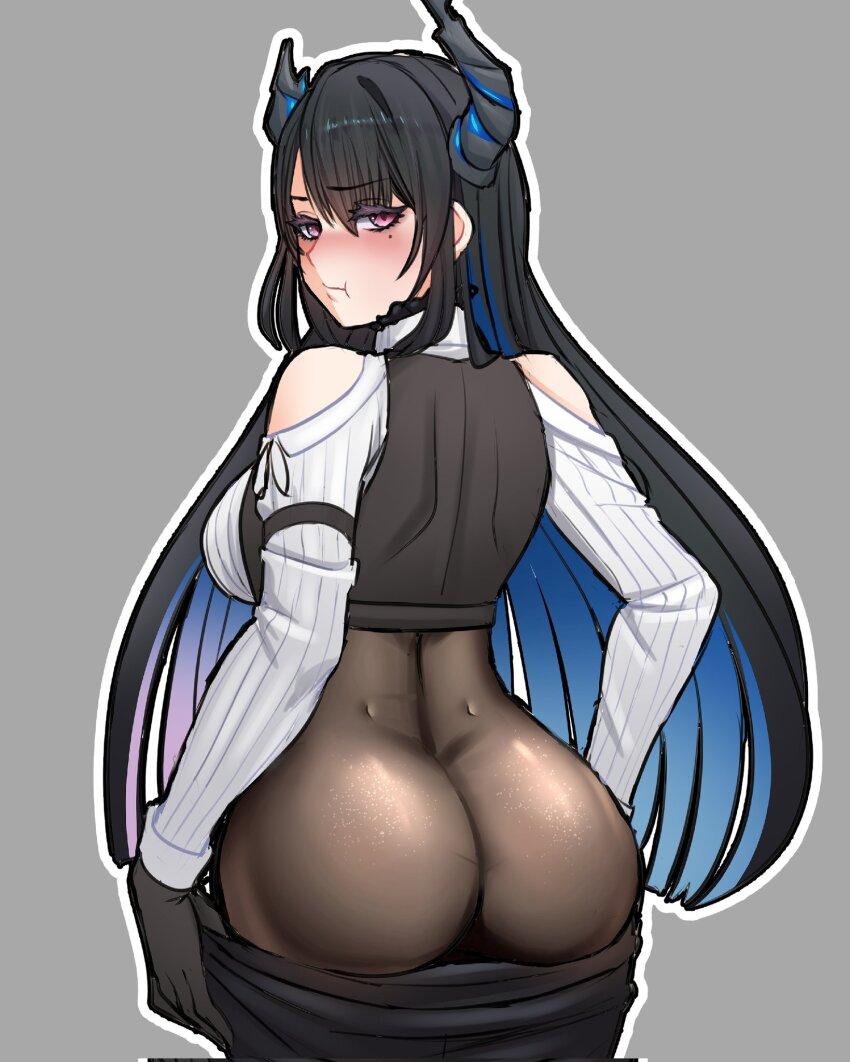 1girl :t ass ass_focus asymmetrical_horns black_gloves black_hair blue_hair bodystocking breasts commentary cooterzi demon_horns english_commentary from_behind gloves grey_background highres hololive hololive_english horns large_breasts long_hair looking_at_viewer looking_back mole mole_under_eye multicolored_hair nerissa_ravencroft nerissa_ravencroft_(1st_costume) pout purple_eyes simple_background solo textless_version two-tone_hair uneven_horns very_long_hair virtual_youtuber