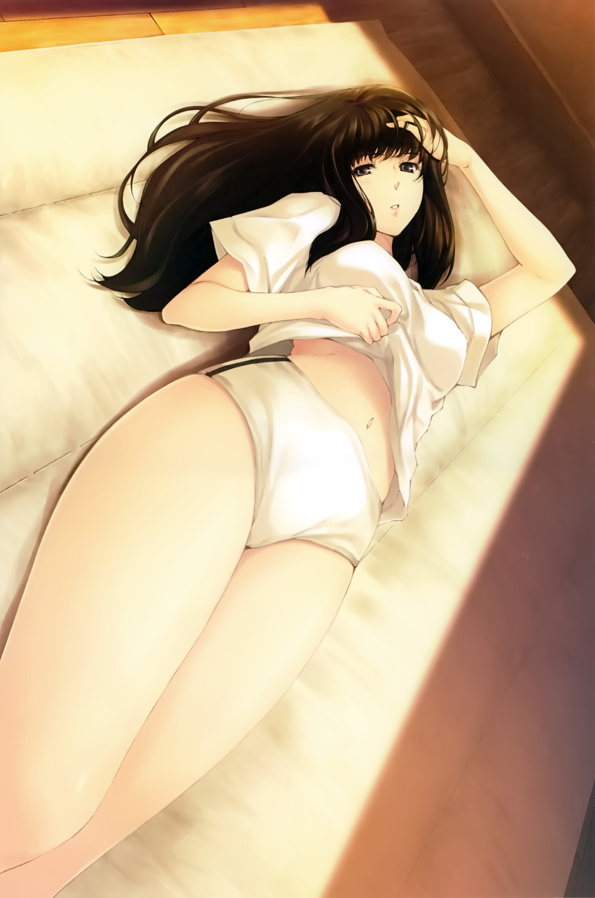 1girl absurdres black_eyes black_hair breasts buruma clothes_lift gym_uniform hand_in_own_hair highres innocent_grey kara_no_shoujo kuchiki_touko lifting_own_clothes long_hair looking_at_viewer lying medium_breasts midriff navel official_art on_back parted_lips scan shirt shirt_lift solo sugina_miki t-shirt thighs white_buruma