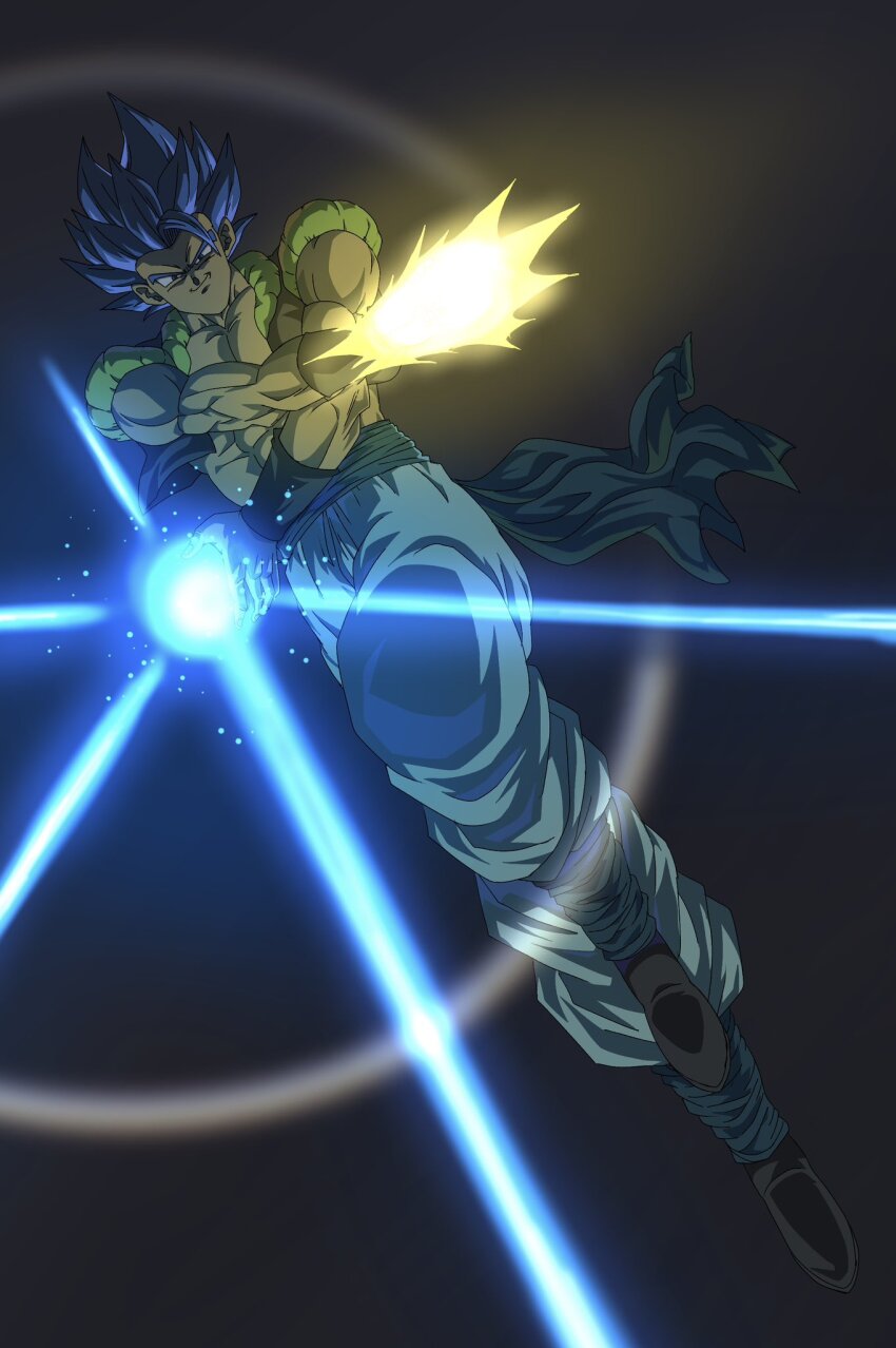 1boy aura black_vest blue_eyes blue_hair blue_sash cropped_vest dark_background dragon_ball dragon_ball_super dragon_ball_super_broly dragon_ball_z_dokkan_battle energy glowing gogeta highres kazumax76 male_focus medium_hair muscular muscular_male pants sash solo spiked_hair super_saiyan super_saiyan_blue vest white_pants