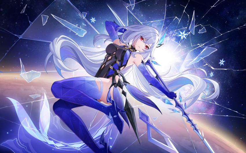 1girl absurdres black_leotard breasts closed_mouth crystal_shards genshin_impact grey_hair high_heels highres holding holding_polearm holding_weapon leotard long_hair looking_at_viewer medium_breasts midair night night_sky planet polearm purple_hands purple_thighhighs red_eyes skirk_(genshin_impact) sky solo star_(sky) thighhighs weapon zx961219