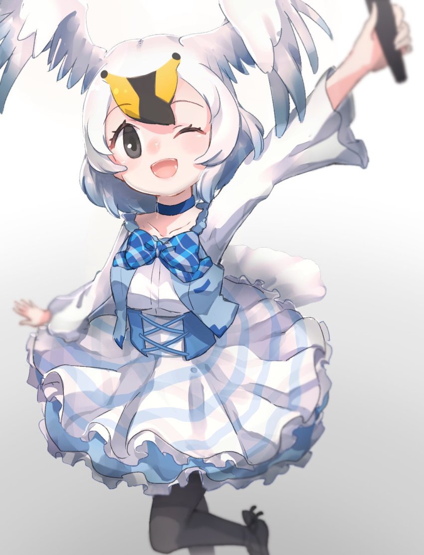 1girl bird_tail bird_wings black_hair black_pantyhose blonde_hair blue_bow blue_bowtie blue_corset blue_frills bow bowtie choker collar collarbone corset dress female_focus frilled_collar frilled_dress frills from_above grey_background hair_between_eyes head_wings highres idol kemono_friends long_sleeves microphone multicolored_hair one_eye_closed pantyhose plaid_bow plaid_bowtie plaid_clothes plaid_neckwear pleated_dress short_hair simple_background smile solo tail tatsuno_newo tundra_swan_(kemono_friends) white_dress white_hair wings