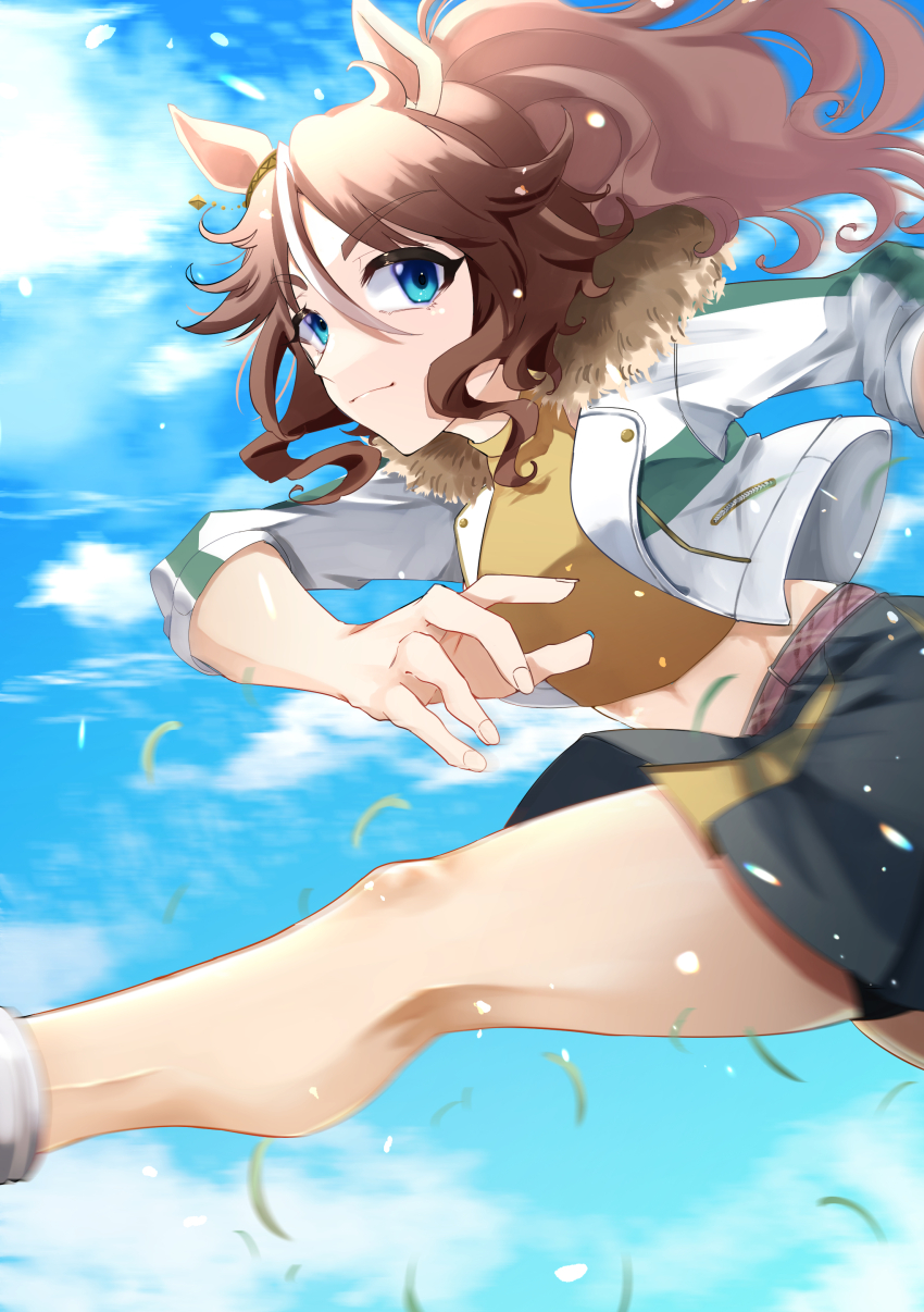 1girl absurdres animal_ears black_skirt blue_eyes blue_sky blurry cloud cloudy_sky commentary_request cropped_jacket cropped_sweater ear_ornament fur-trimmed_jacket fur_trim hair_between_eyes highres horse_ears horse_girl jacket long_hair long_sleeves looking_at_viewer mejiro_palmer_(umamusume) midriff multicolored_hair open_mouth ponytail running skirt sky smile solo streaked_hair sweater tsukasa_(avdx5538) umamusume white_hair white_jacket yellow_sweater
