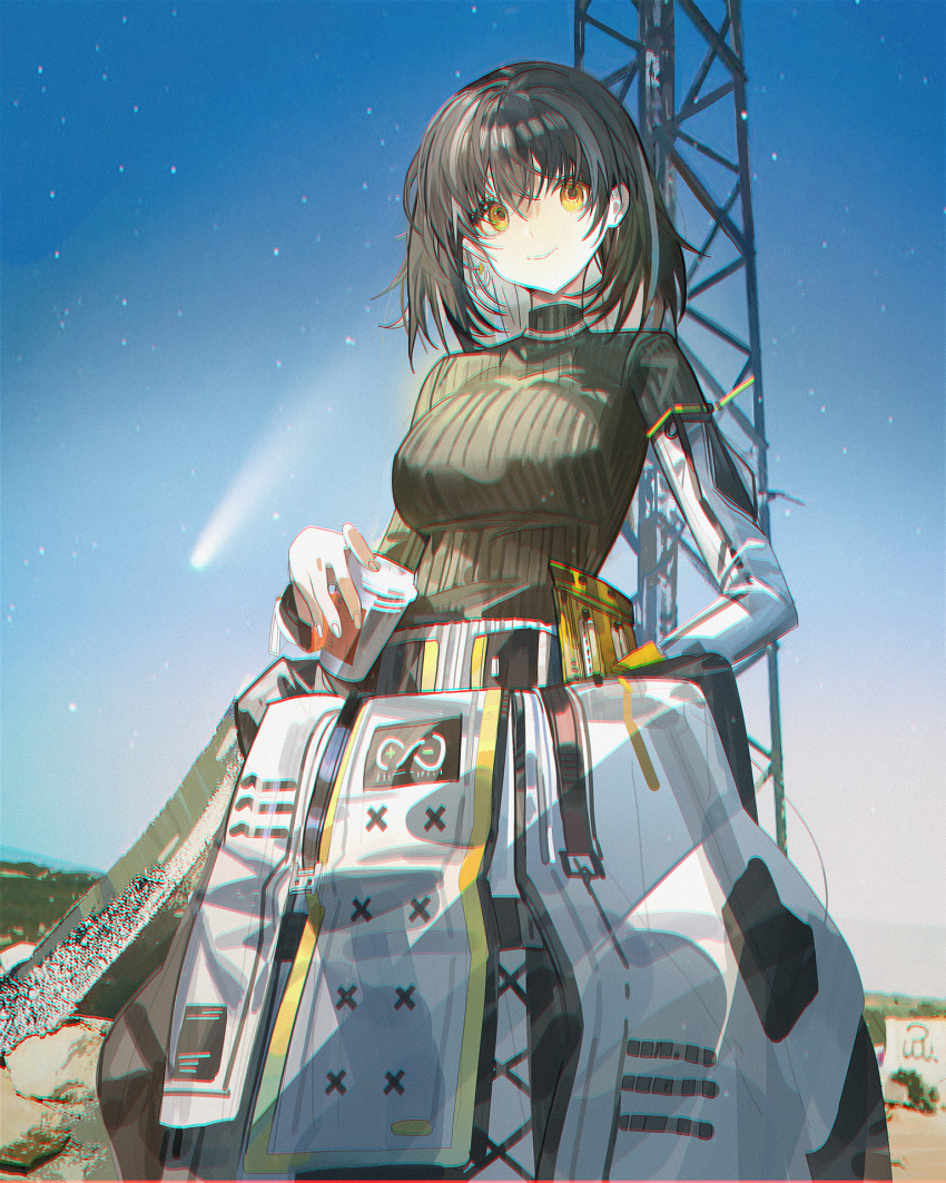 1girl arknights black_hair chinese_commentary chromatic_aberration closed_mouth colored_inner_hair comet commentary cup day disposable_coffee_cup disposable_cup drink english_commentary fingernails green_sweater grey_hair hair_between_eyes heavy_chromatic_aberration highres holding holding_drink long_sleeves magallan_(arknights) medium_hair mixed-language_commentary multicolored_hair outdoors plumw rhine_lab_logo ribbed_sweater smile solo star_(sky) sweater turtleneck turtleneck_sweater white_sleeves yellow_eyes
