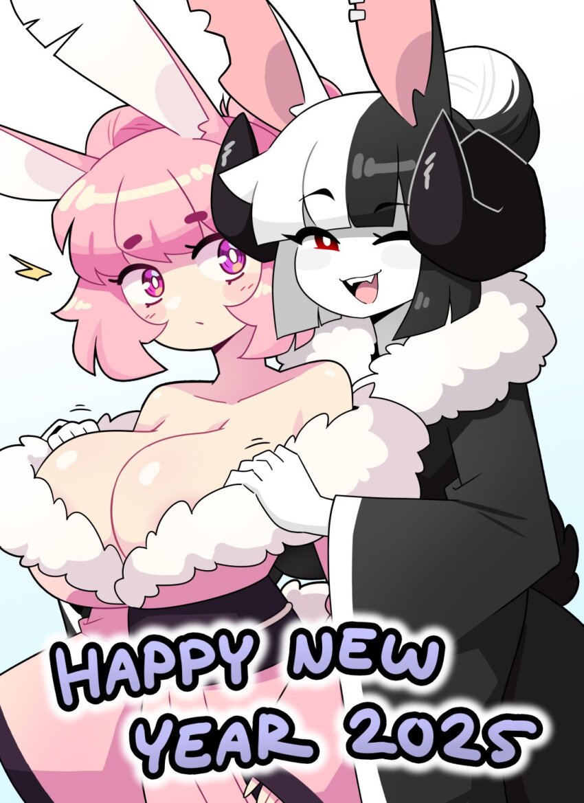 2025 2girls animal_ears black_coat black_hair blue_background breasts bright_pupils cleavage coat collarbone colored_skin daigada double_bun english_text fur-trimmed_coat fur-trimmed_kimono fur_trim gradient_background hair_bun happy_new_year highres horns huge_breasts japanese_clothes kimono looking_at_another medium_hair multicolored_hair multiple_girls new_year ninnin_(daigada) obi one_eye_closed original pink_eyes pink_hair pink_kimono purple_sash rabbit_ears rabbit_girl rabbit_tail sash split-color_hair tail white_background white_hair white_pupils white_skin white_trim wide-eyed