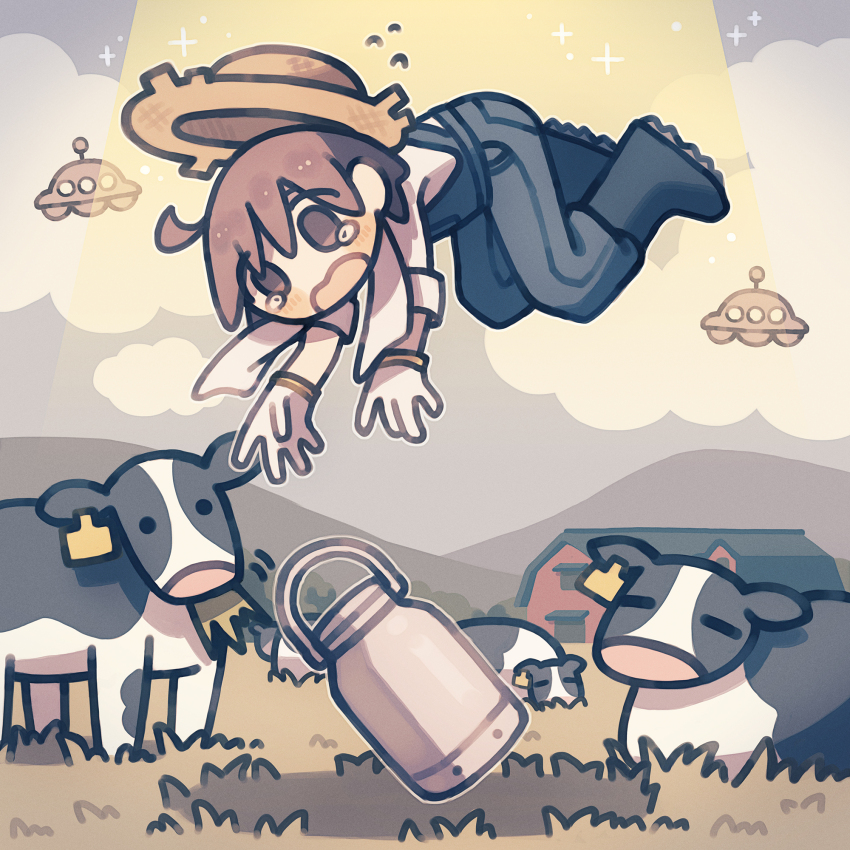 1boy abduction barn blue_overalls blush boots brown_eyes brown_hair cloud cloudy_sky cow farm farmer field floating flying_sweatdrops full_body futami_ya gloves hat highres male_focus milk_churn mountainous_horizon open_mouth original outdoors overalls reaching rubber_boots rural shirt sky sleeves_rolled_up solo sparkle straw_hat tearing_up towel towel_around_neck tractor_beam ufo white_gloves white_shirt work_gloves
