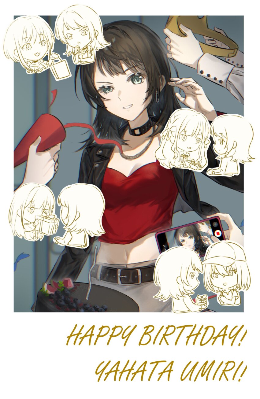 5girls ave_mujica_(bang_dream!) bang_dream! bang_dream!_it&#039;s_mygo!!!!! baseball_cap black_choker black_hair black_jacket blue_eyes breasts cake character_sticker choker cleavage commentary crown earrings fake_photograph food gift grey_skirt hair_ribbon happy_birthday hat highres instrument_case jacket jewelry long_hair looking_at_viewer medium_breasts medium_hair midriff misumi_uika multiple_girls navel necklace o-ring o-ring_choker open_clothes open_jacket open_mouth party_popper recording ribbon sidelocks skirt smile solo_focus symbol-only_commentary togawa_sakiko trileo405 wakaba_mutsumi yahata_umiri yuutenji_nyamu