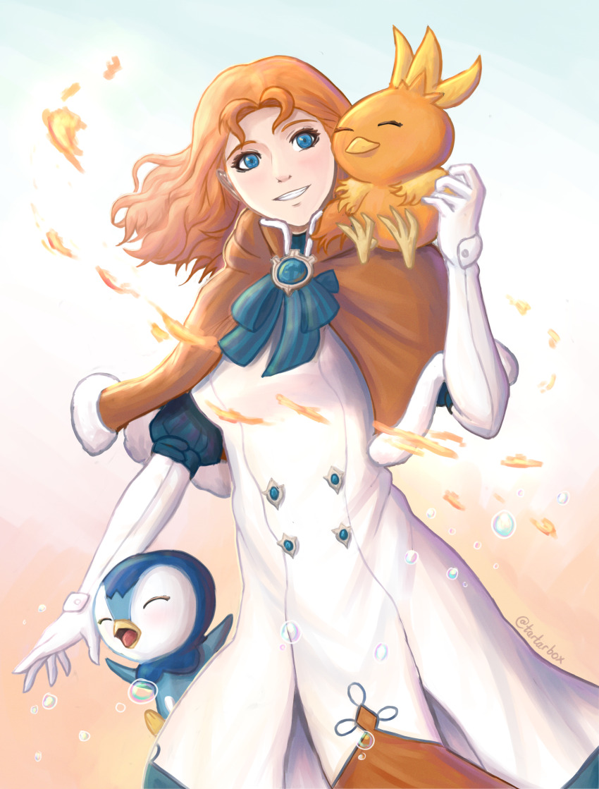 1girl absurdres animal animal_on_shoulder annette_fantine_dominic artist_name bird bird_on_shoulder blue_bow blue_eyes bow breasts brown_capelet capelet closed_eyes dress elbow_gloves facing_viewer fire fire_emblem gen_3_pokemon gen_4_pokemon gloves highres long_hair medium_breasts nintendo orange_hair outdoors piplup pokemon pokemon_(creature) smile standing tartarbox torchic white_dress