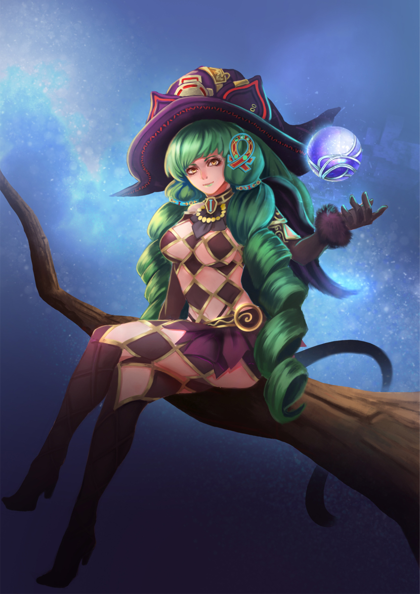 1girl black_gloves black_hat breasts cat_tail closed_mouth commentary_request drill_hair female_focus fiore_brunelli gloves green_hair hair_ornament hat highres long_hair looking_at_viewer makeup miniskirt revealing_clothes riyu_(gauzama) skirt smile solo star_ocean star_ocean_integrity_and_faithlessness tail twin_drills witch_hat yellow_eyes