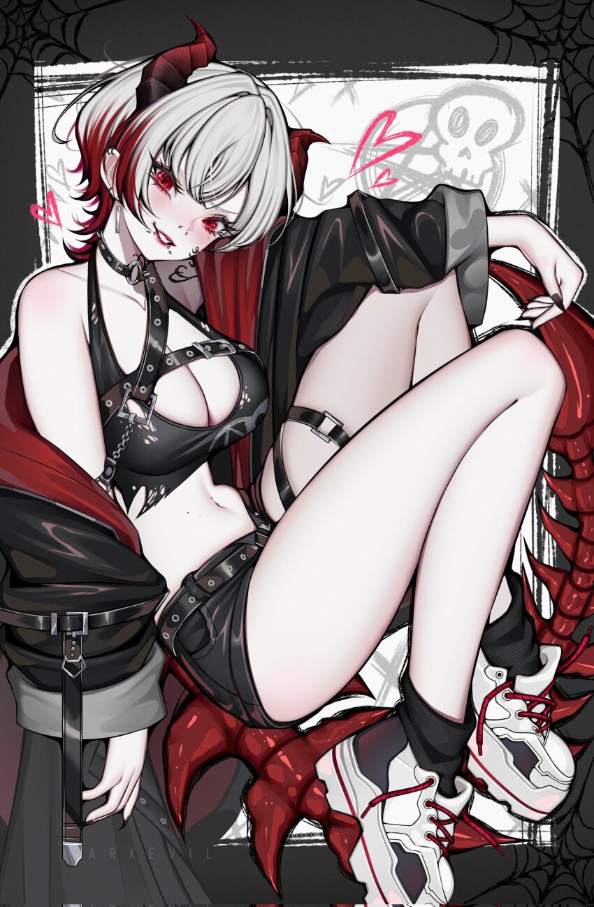 1girl ark_evil02 artist_name belt belt_buckle black_belt black_jacket black_nails black_shirt black_shorts blush breasts buckle chain cleavage commentary commission crop_top crossed_bangs ear_piercing face_piercing fingernails halter_shirt halterneck heart highres horns jacket knees_up long_fingernails long_sleeves looking_at_viewer mole mole_under_eye mouth_piercing multicolored_hair multicolored_jacket multiple_piercings navel navel_piercing nose_piercing original parted_lips piercing red_eyes red_hair red_horns red_jacket red_lips shirt shoes short_hair shorts single_bare_shoulder skull smile sneakers solo torn_clothes torn_shirt two-tone_hair two-tone_jacket white_hair white_shoes