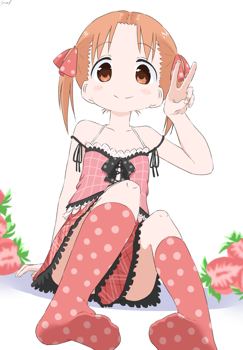 1girl absurdres bare_shoulders brown_eyes brown_hair camisole cynical_(llcbluckg_c004) flat_chest food fruit highres ichigo_mashimaro looking_at_viewer matsuoka_miu polka_dot_thighhighs short_hair sitting skirt smile solo strawberry thighhighs twintails v