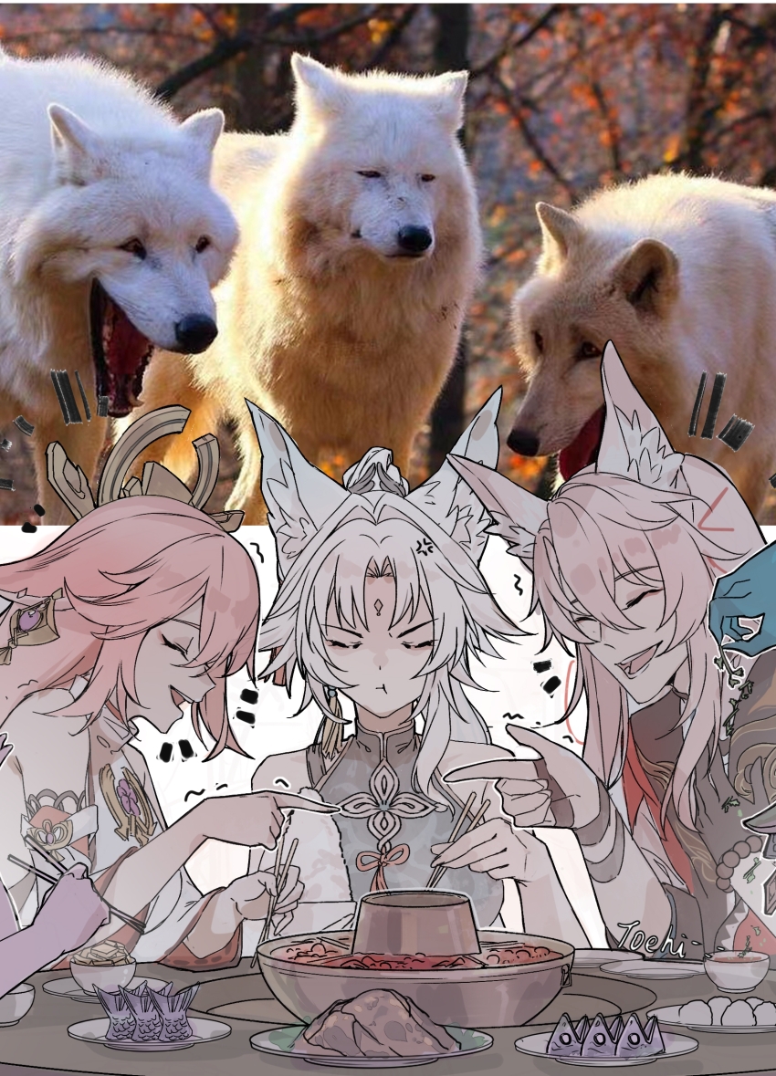 1boy 2girls absurdres anger_vein animal_ear_fluff animal_ears annoyed bare_shoulders bead_bracelet beads black_gloves blue_shirt bowl bracelet breasts brooch chinese_clothes chopsticks closed_eyes closed_mouth crossover cup detached_sleeves earrings eating feixiao_(honkai:_star_rail) fish_(food) food forehead_jewel fox_ears fox_girl gem genshin_impact gloves gold_earrings headpiece highres holding holding_chopsticks honkai:_star_rail honkai_(series) hoshimi_miyabi japanese_clothes jewelry jiaoqiu_(honkai:_star_rail) joehi large_breasts laughing laughing_wolves_(meme) long_hair long_sleeves mandarin_collar meme mihoyo mochi multiple_girls nontraditional_miko notice_lines open_clothes open_mouth parted_bangs pink_hair plate pointing pointing_at_another ponytail purple_gemstone red_ribbon red_shrug ribbon rice rice_bowl shirt shrug_(clothing) sidelocks simple_background single_earring single_glove sitting sleeveless sleeveless_shirt smile soup table tail_(honkai:_star_rail) talking tassel tassel_earrings teeth trembling v-shaped_eyebrows white_background white_hair white_shirt wide_sleeves yae_miko zenless_zone_zero
