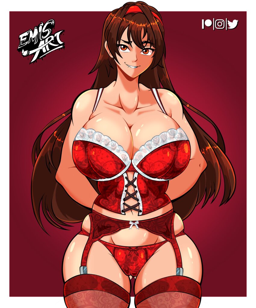 1girl artist_name biting_own_lip breasts brown_hair cameltoe collarbone commentary commission corset cropped_legs emisart55 english_commentary female_focus garter_belt garter_straps gradient_background grin groin hair_between_eyes hairband highres lace_trim large_breasts long_hair looking_at_viewer midriff_peek navel original outside_border panties red_background red_corset red_hairband red_panties red_thighhighs shiny_skin simple_background smile solo straight-on straight_hair thighhighs underwear very_long_hair wavy_hair