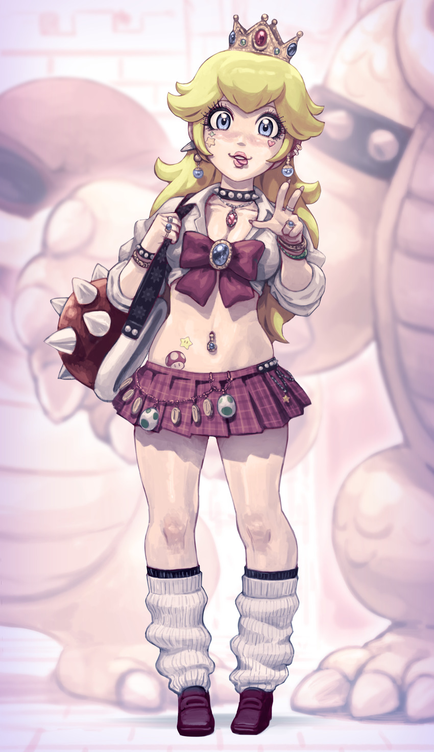 1girl 2boys absurdres alternate_costume bag blonde_hair blue_eyes blue_gemstone bow bowser bracelet breasts cleavage coin collar commentary_request cropped_shirt crown earrings fingernails full_body gem green_gemstone heart highres jewelry leg_warmers loafers long_fingernails long_hair looking_at_viewer mario_(series) medium_breasts miniskirt multiple_boys multiple_bracelets multiple_earrings multiple_piercings multiple_rings navel navel_piercing necklace nintendo piercing pink_bow pink_gemstone pink_lips pink_nails pink_skirt plaid_clothes plaid_skirt princess_peach purple_shoes red_gemstone ring roy_koopa sakkan school_uniform shirt shirt_bow shoes skirt sleeves_rolled_up spiked_collar spiked_shell spikes star_(symbol) sticker_on_face stomach_tattoo super_mushroom super_star_(mario) tattoo tongue tongue_out v white_background white_leg_warmers white_shirt yoshi_egg