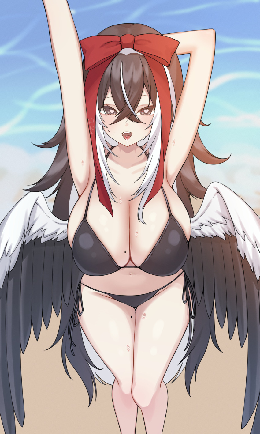 1girl absurdres arm_behind_head armpits arms_up bare_arms bare_shoulders beach bikini black_bikini black_eyes black_hair bow breasts commission day drooling duurumi fangs feathered_wings feet_out_of_frame hair_between_eyes hair_bow halterneck heart heart-shaped_pupils highres long_hair looking_at_viewer mole mole_on_breast mole_on_cheek mole_on_thigh multicolored_hair navel open_mouth original outdoors red_bow side-tie_bikini_bottom skindentation smile solo standing stomach streaked_hair string_bikini swimsuit symbol-shaped_pupils thighs two-tone_hair very_long_hair water wet white_hair wings