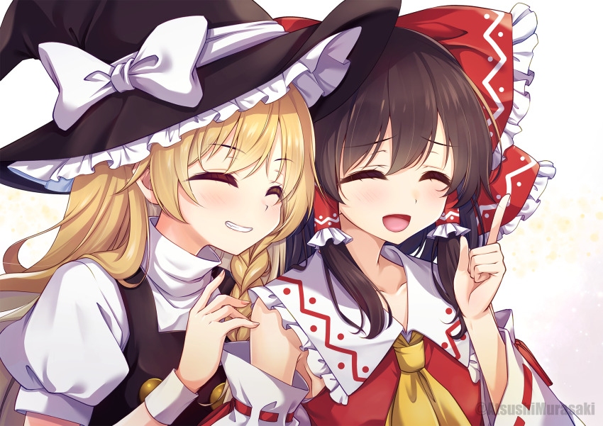 2girls ascot bare_shoulders black_headwear black_vest blonde_hair blush bow braid brown_hair closed_eyes detached_sleeves grin hair_bow hair_tubes hakurei_reimu hat hat_bow highres japanese_clothes kirisame_marisa long_hair multiple_girls murasaki_atsushi nontraditional_miko open_mouth puffy_short_sleeves puffy_sleeves red_bow ribbon-trimmed_sleeves ribbon_trim shirt short_sleeves sidelocks single_braid smile touhou twitter_username vest white_bow white_shirt white_sleeves wide_sleeves witch_hat yellow_ascot