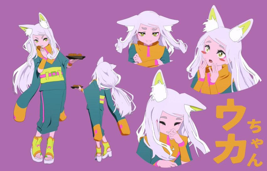 1girl 3d aburaage animal_ear_fluff animal_ears blender_(medium) blush_stickers commentary_request crossed_arms food fox_ears fox_girl green_kimono hands_on_own_face holding holding_food holding_tray inarizushi japanese_clothes kimono laughing long_hair looking_at_viewer multiple_views obi original pout sash short_eyebrows simple_background smile sushi toeless_footwear translation_request tray uka-chan_(yasuda_genshou) white_hair wide_sleeves yasuda_genshou