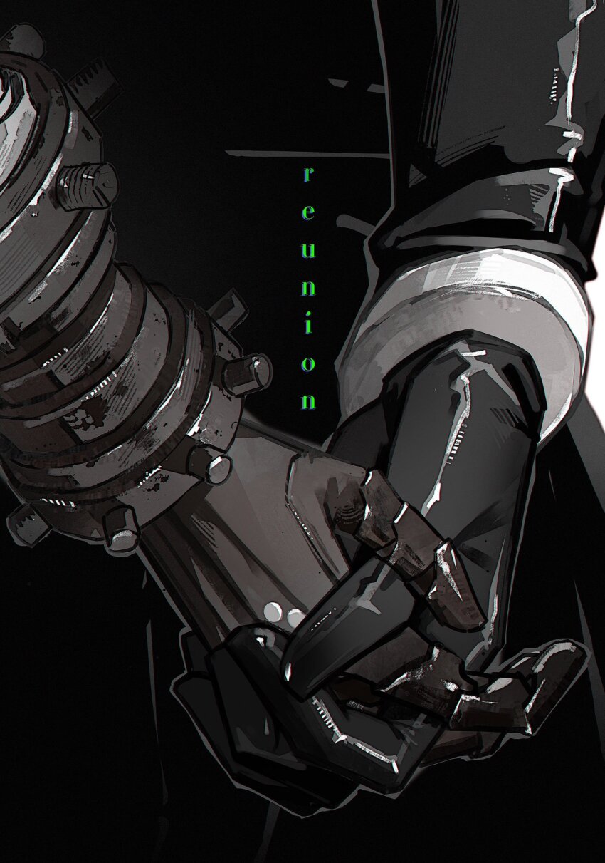 black_coat black_gloves bracer brown_gloves chinese_commentary cloud_strife coat commentary_request english_text final_fantasy final_fantasy_vii final_fantasy_vii_remake gloves hand_focus highres holding_hands long_sleeves sephiroth standing unimeteora yaoi