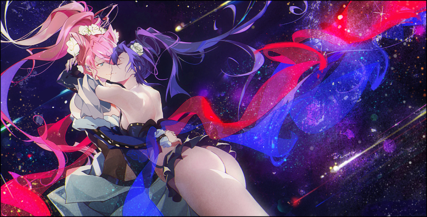 10s 2girls ass blue_eyes blue_hair breasts couple closed_eyes flower hair_flower hair_ornament hug kazanari_tsubasa kiss long_hair maria_cadenzavna_eve multiple_girls naye no_panties pink_hair ribbon senki_zesshou_symphogear side_ponytail skirt small_breasts smile space star_(sky) upskirt very_long_hair yuri