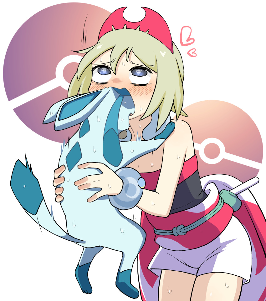 1girl absurdres blonde_hair blue_eyes blush bracelet commentary_request flute fool_iketani gen_4_pokemon glaceon hair_between_eyes hairband heart highres holding holding_pokemon in_mouth instrument irida_(pokemon) jewelry nintendo poke_ball_symbol pokemon pokemon_(creature) pokemon_legends:_arceus red_hairband red_sash red_shirt rolling_eyes sash shirt short_hair shorts strapless strapless_shirt sweat waist_cape white_background white_shorts