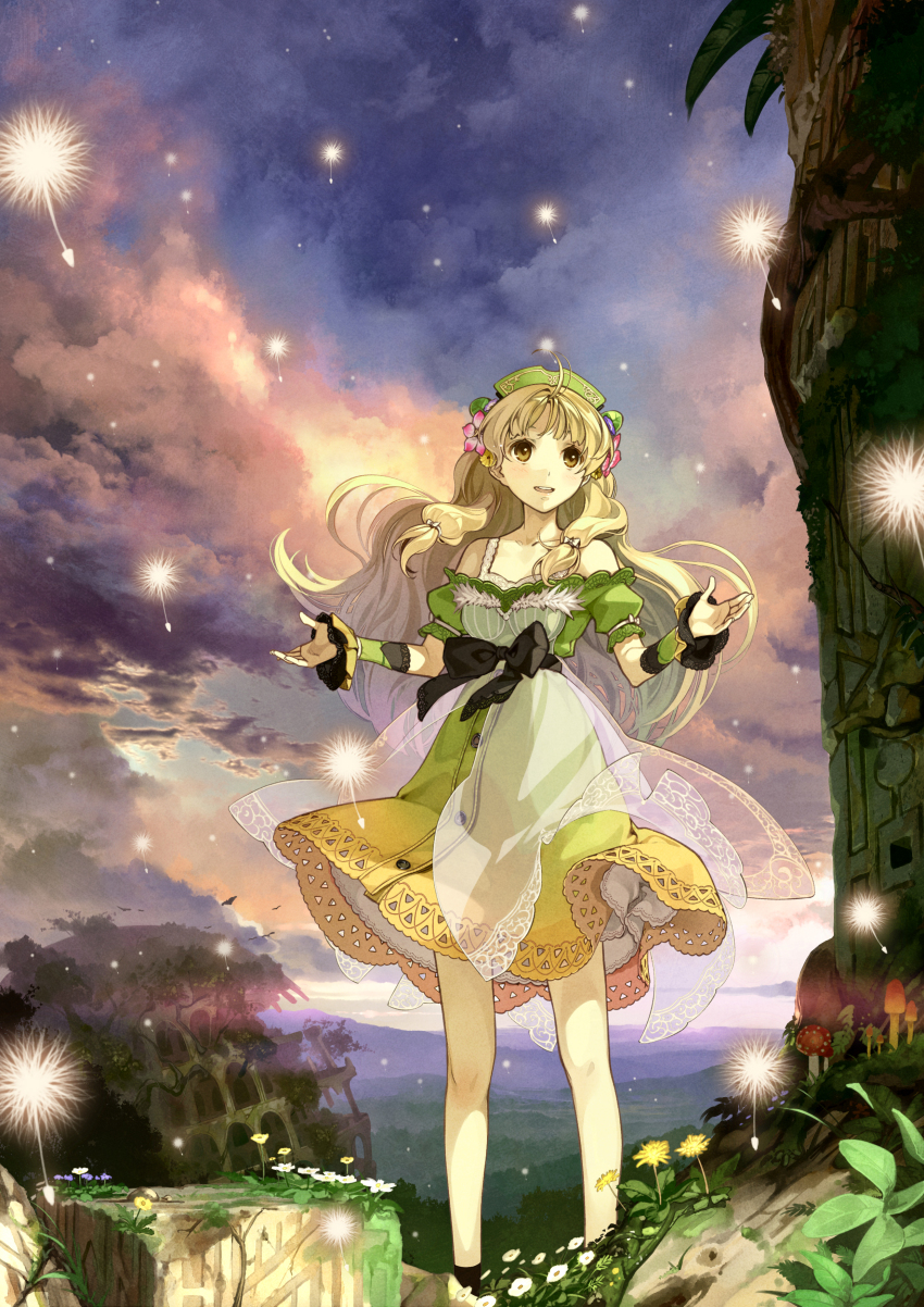 1girl absurdres ahoge atelier_(series) atelier_ayesha ayesha_altugle bare_shoulders bow brown_eyes brown_hair cloud dandelion dress fantasy flower frills green_skirt hair_flower hair_ornament hair_over_shoulder hair_ribbon hat hidari_(left_side) highres lace lace-trimmed_dress lace-trimmed_sleeves lace_trim landscape long_hair mushroom off-shoulder_dress off_shoulder official_art photoshop_(medium) ribbon ruins skirt sky smile solo two-tone_dress waist_bow wind wrist_cuffs