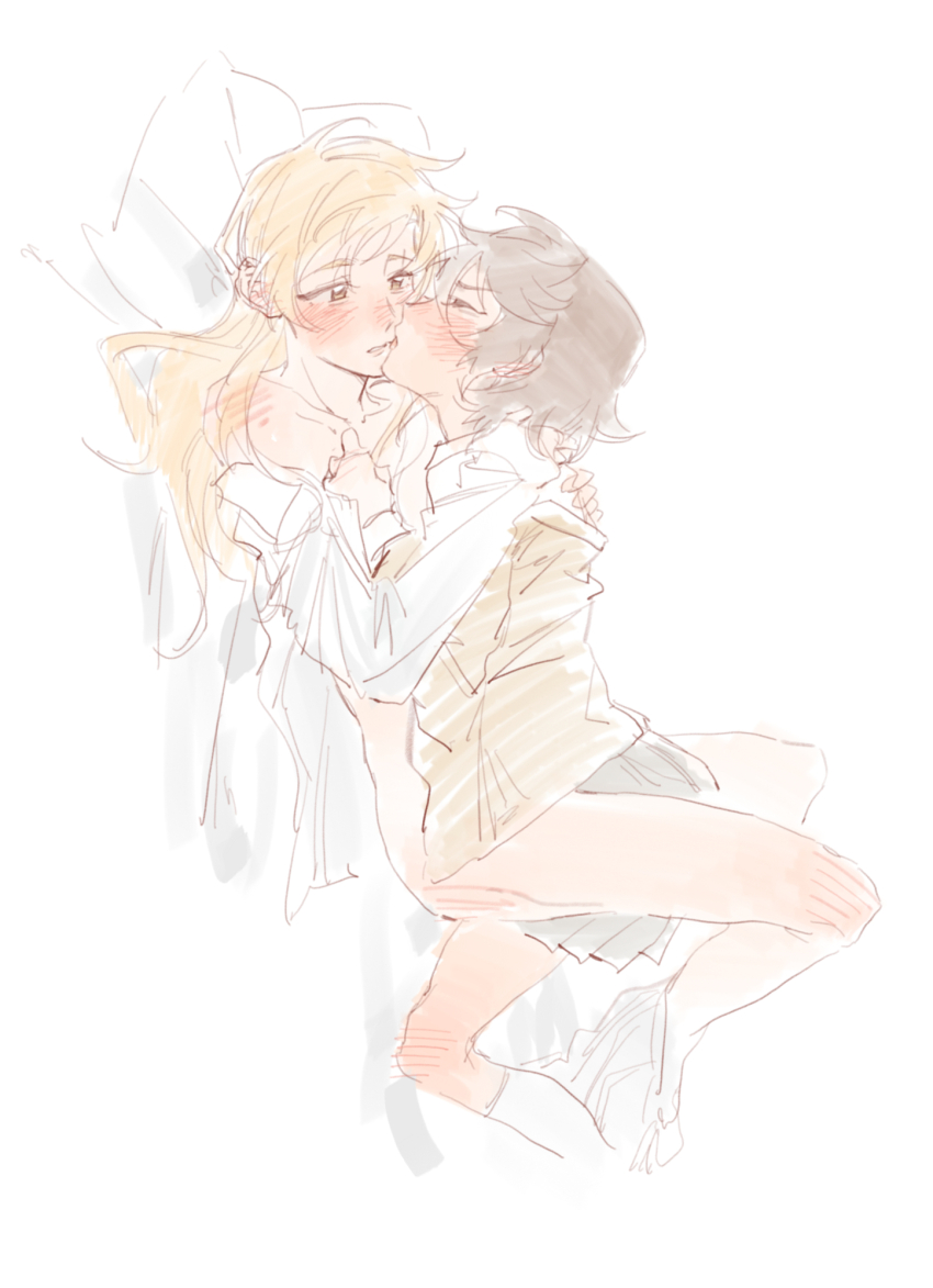 2girls black_skirt blush bottomless chinese_commentary commentary girl_on_top highres jiguang_haibao kiss koishikawa_iko long_hair momijiyama_teru multiple_girls open_clothes open_shirt pleated_skirt shirt short_hair shy_(series) simple_background skirt white_shirt yuri