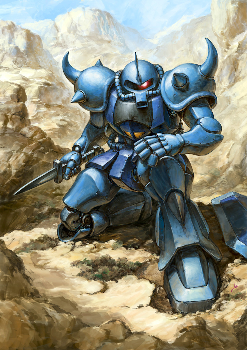 absurdres commentary_request dagger day desert glowing glowing_eye gouf ground_shatter gundam highres holding holding_dagger holding_knife holding_weapon horns knife looking_at_viewer mecha mecha_focus mobile_suit mobile_suit_gundam mountain no_humans on_one_knee outdoors painting_(medium) red_eyes robot science_fiction shield shoulder_spikes single_horn solo spikes traditional_media valley watercolor_(medium) weapon youkoumori