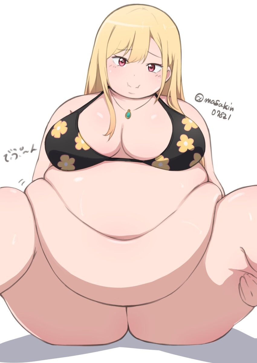 1girl artist_name big_belly bikini bikini_top_only blonde_hair bottomless breasts cleavage fat fat_rolls fat_woman floral_print floral_print_bikini gluteal_fold highres holding_legs jewelry kitagawa_marin large_breasts long_hair masakin navel necklace obese pink_eyes sitting smile solo sono_bisque_doll_wa_koi_wo_suru spread_legs swimsuit thick_thighs thighs white_background