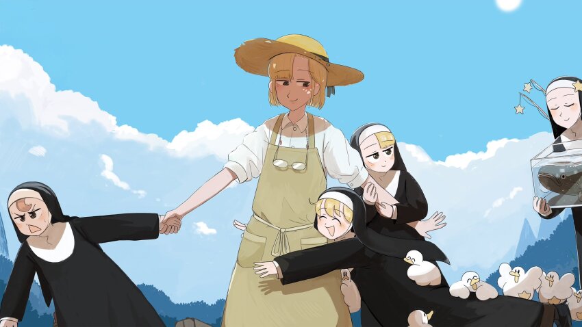 5girls bird blonde_hair brown_eyes brown_hair catfish chicken cloud cloudy_sky clumsy_nun_(diva) commentary diva_(hyxpk) duck english_commentary eyewear_around_neck fish fishing_rod froggy_nun_(diva) glasses habit hat highres holding_hands hug little_nuns_(diva) mother_and_daughter multiple_girls nun outdoors shirt short_hair sky slice_of_life smile spicy_nun&#039;s_mother_(diva) spicy_nun_(diva) star_nun_(diva) star_ornament sun_hat traditional_nun triangle_mouth unworn_eyewear white_shirt