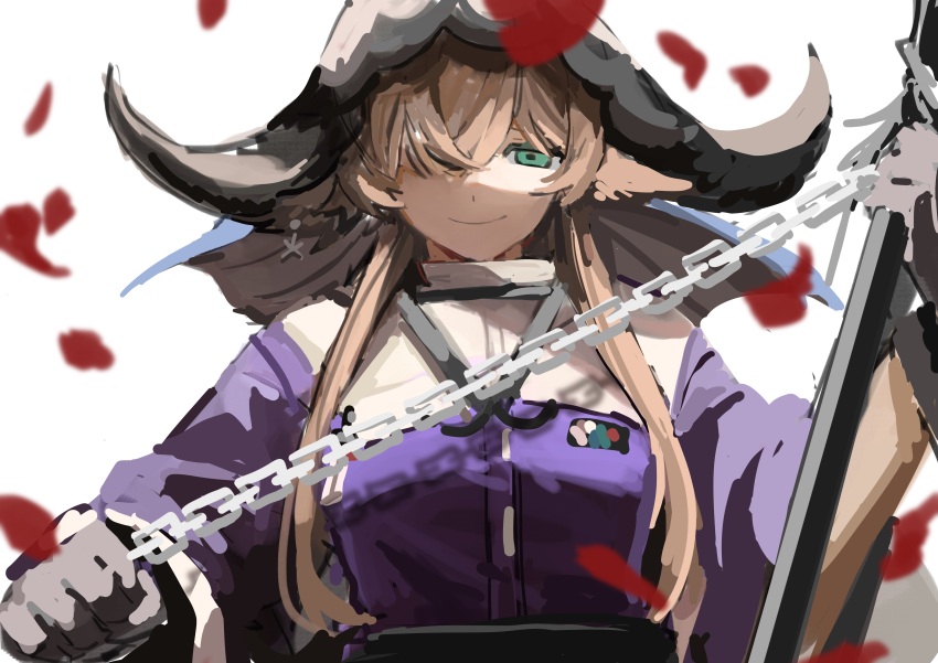 1girl absurdres animal_ears arknights black_gloves breasts brown_hair chain cow_ears cow_girl cow_horns flail gloves green_eyes hair_over_one_eye highres holding holding_weapon horns long_hair looking_at_viewer one_eye_covered pallas_(arknights) petals purple_shirt shirt simple_background small_breasts smile solo south_ac upper_body weapon white_background
