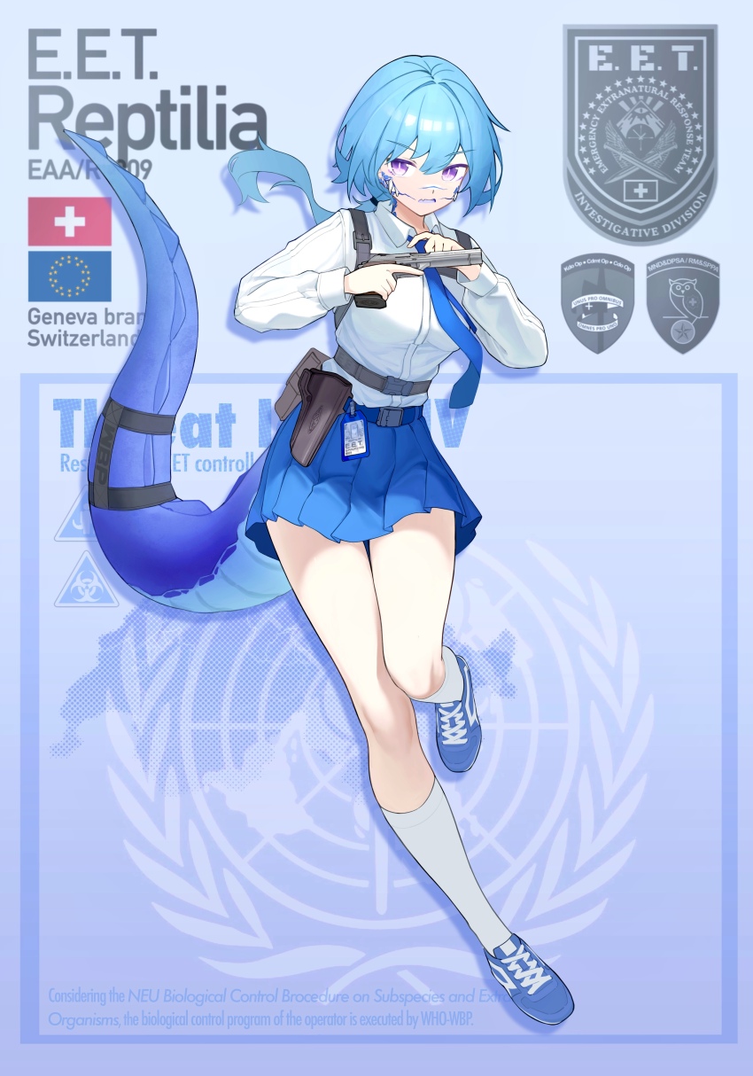 1girl absurdres belt belt_buckle belt_pouch biohazard_symbol black_straps blue_belt blue_eyes blue_hair blue_necktie blue_shoes blue_skirt blue_tail breasts bright_pupils buckle character_name collared_shirt commentary emblem english_commentary english_text extra_teeth fang fangs full_body gun handgun highres holding holding_gun holding_weapon holster id_card jerry_wang lizard_tail long_hair long_sleeves medium_breasts monster_girl necktie office_lady open_mouth original pleated_skirt pouch reptile_girl scales shirt shoes sig_p210 sig_sauer skin_fang skirt slit_pupils sneakers socks solo standing standing_on_one_leg swiss_flag tail tail_strap thighs trigger_discipline weapon white_pupils white_shirt white_socks