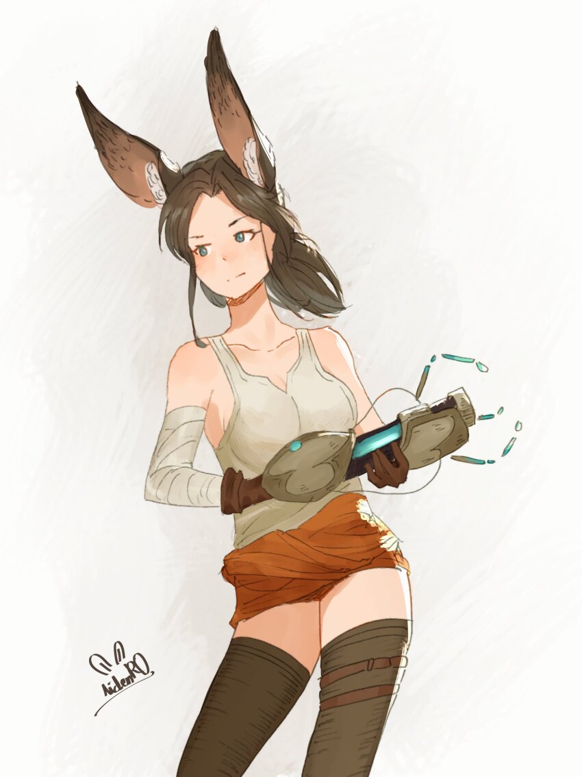 1girl absurdres animal_ear_fluff aperture_science_handheld_portal_device artist_name bandaged_arm bandages bare_shoulders black_thighhighs blue_eyes blush breasts brown_gloves brown_hair chell closed_mouth collarbone cowboy_shot female_focus gloves grey_background hair_intakes highres holding holding_weapon light_blush looking_afar medium_breasts medium_hair mixed_media nose_blush orange_shorts ponytail portal_(series) rabbit_ears rabbit_girl shirt short_shorts shorts sidelocks signature simple_background sleeveless sleeveless_shirt solo spindle_(aidenr0) split_mouth standing thighhighs thighs two-handed weapon white_shirt