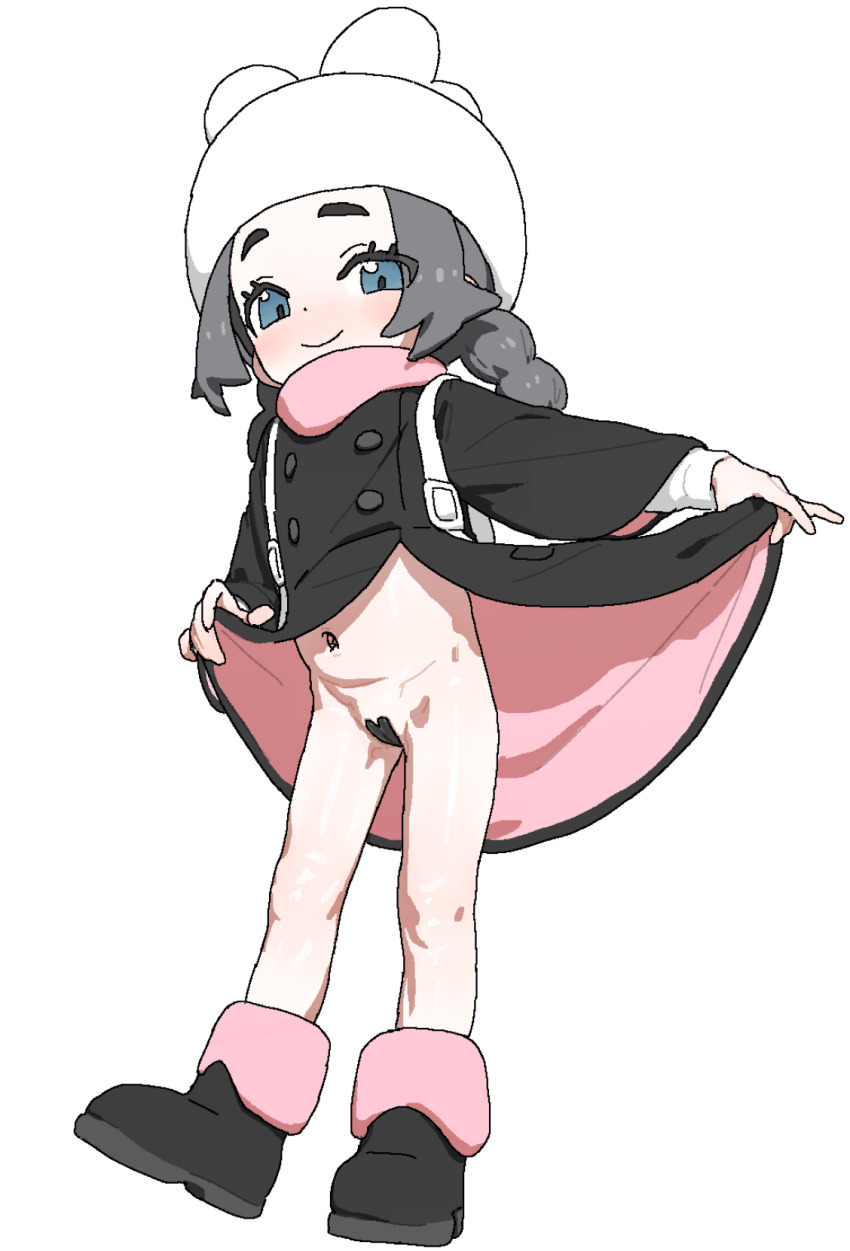 1girl ansha_(pokemon) azmira1534815 backpack bag black_hair blue_eyes blush boots bottomless coat coat_lift female_focus full_body hat heart_pasties highres legs loli looking_at_viewer navel nintendo pasties pokemon pokemon_legends:_z-a simple_background smile solo stomach thighs white_background