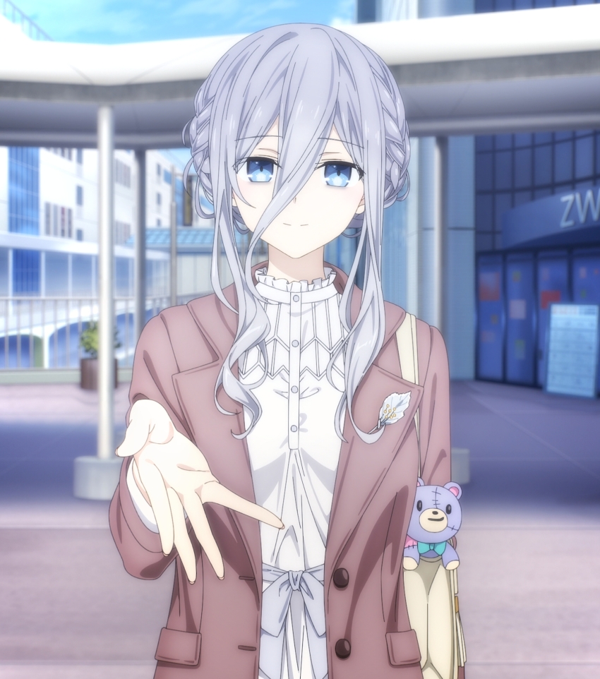 1girl anime_screenshot bag bags_under_eyes blue_eyes braid breasts date_a_live dress grey_hair hair_between_eyes handbag highres jacket large_breasts long_sleeves looking_at_viewer murasame_reine outstretched_arm outstretched_hand reaching reaching_towards_viewer sidelocks smile stitched stuffed_animal stuffed_toy teddy_bear third-party_edit white_dress