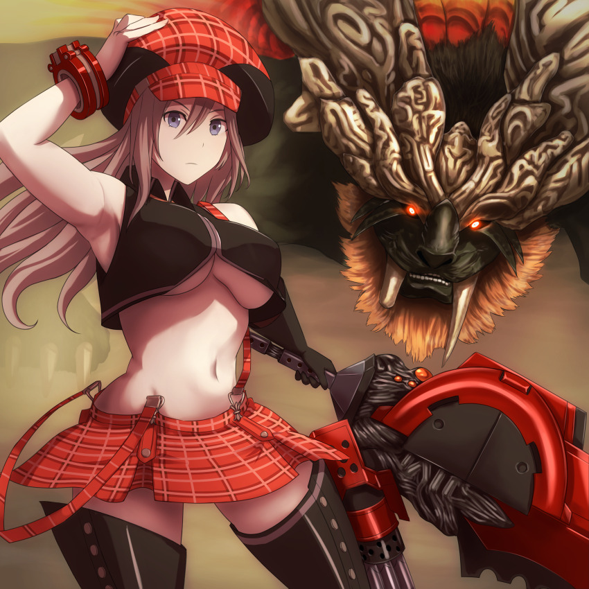 1girl absurdres alisa_ilinichina_amiella aragami arm_up armpits bare_shoulders black_boots black_pantyhose black_vest blue_eyes boots bracer breasts closed_mouth commentary_request cowboy_shot creature cropped_vest elbow_gloves fingerless_gloves gloves god_eater god_eater_burst grey_hair hagureyouma hair_between_eyes hat highres holding holding_sword holding_weapon huge_weapon large_breasts long_hair looking_at_viewer navel newsboy_cap pantyhose plaid_clothes plaid_hat plaid_skirt red_hat red_skirt sidelocks single_elbow_glove skirt standing stomach suspender_skirt suspenders suspenders_slip sword thigh_boots underboob vajra_(god_eater) vest weapon