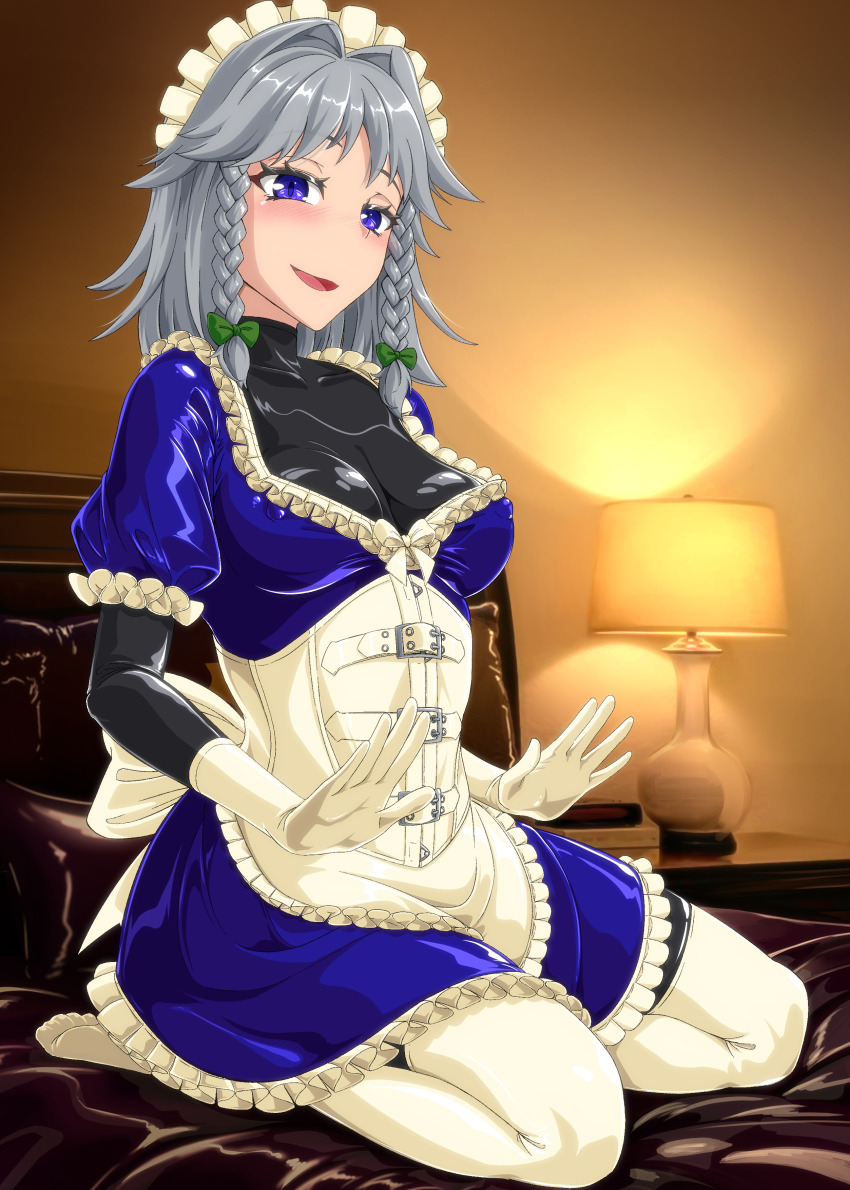 1girl absurdres apron black_bodysuit blue_dress blue_eyes bodysuit braid corset desk_lamp dress frilled_dress frills gloves grey_hair hair_intakes highres izayoi_sakuya lamp latex latex_bodysuit latex_dress latex_gloves latex_legwear latex_thighhighs looking_at_viewer lying maid maid_apron maid_headdress on_back seiza shiny_clothes sitting skin_tight solo tamakko thighhighs touhou twin_braids white_gloves white_thighhighs