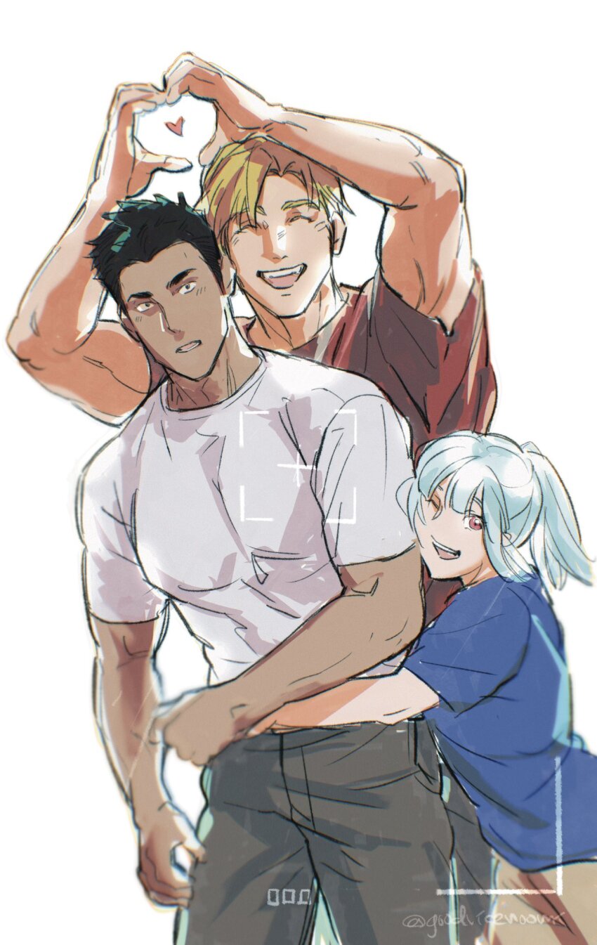 1girl 2boys ao_isami black_hair blonde_hair blue_shirt chinese_commentary closed_eyes commentary_request heart heart_hands highres hug lewis_smith lulu_(bang_bravern) multiple_boys noomi red_shirt shirt short_hair simple_background smile twitter_username viewfinder white_background white_shirt yuuki_bakuhatsu_bang_bravern