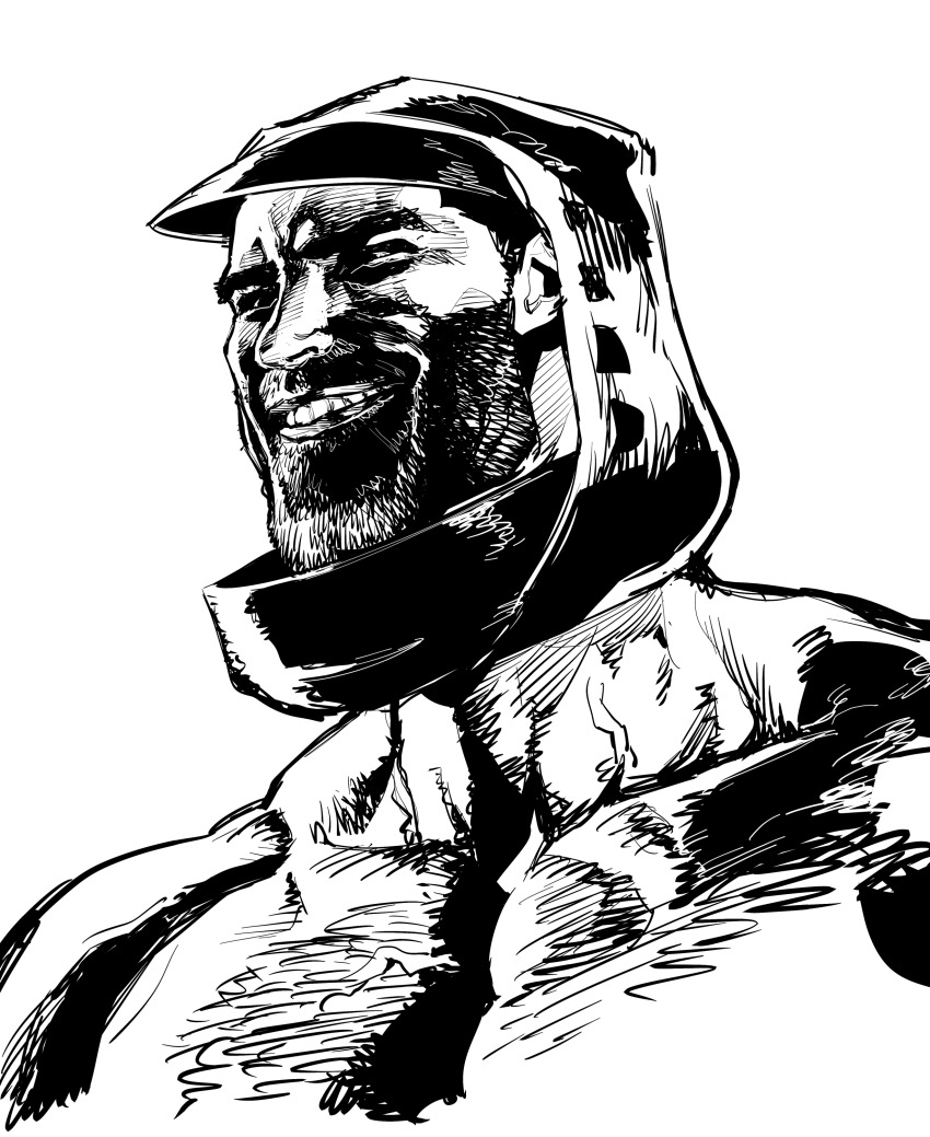 1boy absurdres arknights commentary_request cropped_torso doctor_(arknights) facial_hair gigachad_(meme) greyscale highres hood hood_up kinbakuman male_doctor_(arknights) male_focus manly meme monochrome muscular muscular_male open_mouth simple_background smile solo teeth upper_teeth_only white_background