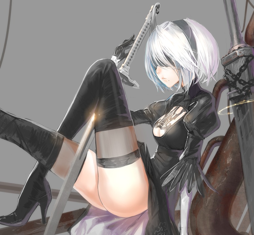 1girl 2b_(nier:automata) ass blindfold breasts chain cleavage cleavage_cutout clothing_cutout dress expressionless female_focus fuyuno_haruaki gloves high_heels katana medium_breasts mole mole_under_mouth nier:automata nier_(series) puffy_sleeves short_hair solo sword thighhighs thighs weapon white_hair zettai_ryouiki