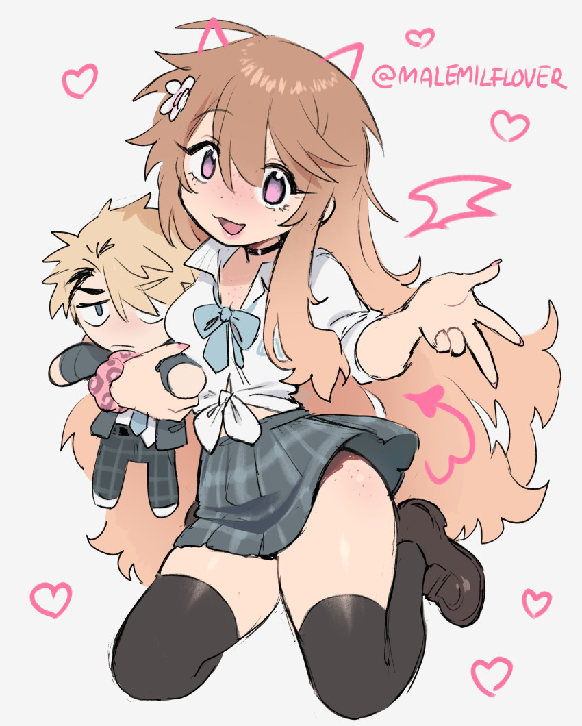 1girl absurdres black_thighhighs body_freckles breasts brown_hair character_doll choker degrees_of_lewdity drawn_tail drawn_wings flower freckles hair_flower hair_ornament heart highres holding loafers long_hair miniskirt player_character_(degrees_of_lewdity) player_character_(female)_(degrees_of_lewdity) purple_eyes scrunchie shirt shoes simple_background skirt thighhighs tnso twitter_username white_flower whitney_(degrees_of_lewdity) whitney_(male)_(degrees_of_lewdity) wrist_scrunchie