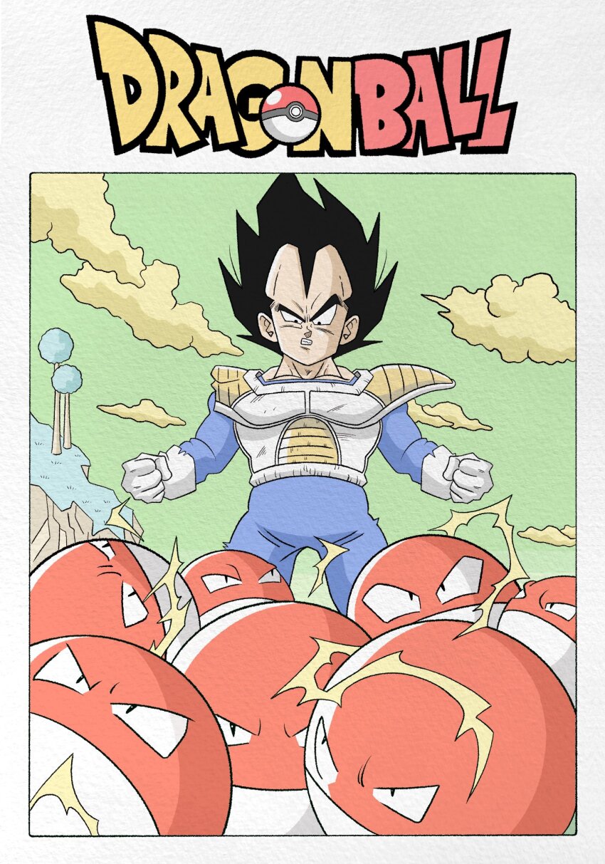 1boy armor black_hair cover cover_page crossover damaged dragon_ball dragonball_z electricity game_freak gen_1_pokemon gloves highres manga_cover muscular muscular_male namek nintendo open_mouth pokemon pokemon_(creature) saiyan_armor spiked_hair torn_clothes vegeta voltorb wesatinthecar white_gloves