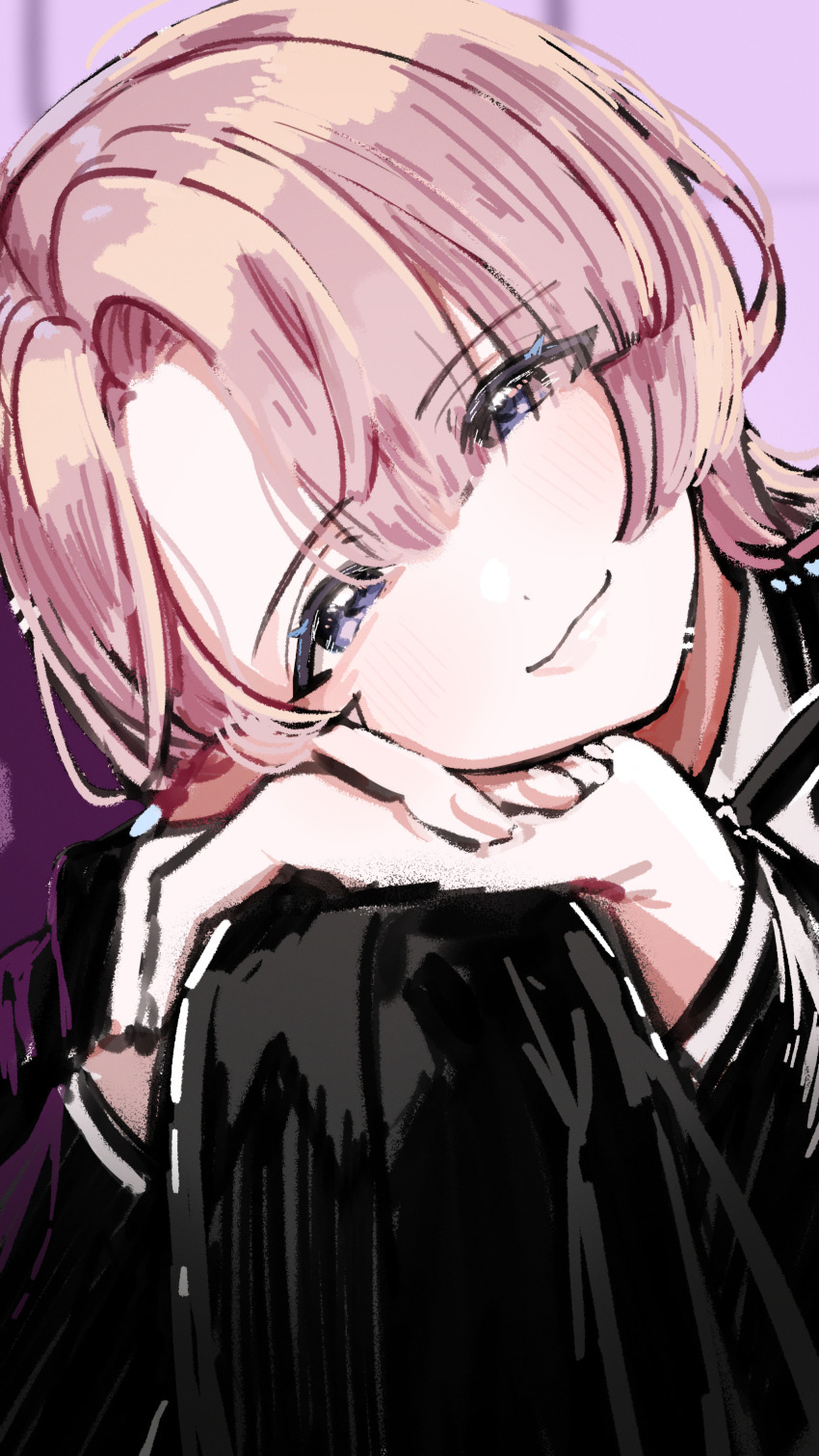 1girl :3 absurdres arimura_mao asymmetrical_bangs black_jacket black_pants commentary_request gakuen_idolmaster hands_on_own_knee head_rest highres idolmaster jacket kasasagi_(futagodori888) looking_at_viewer own_hands_together pants pink_hair purple_eyes sitting smile solo