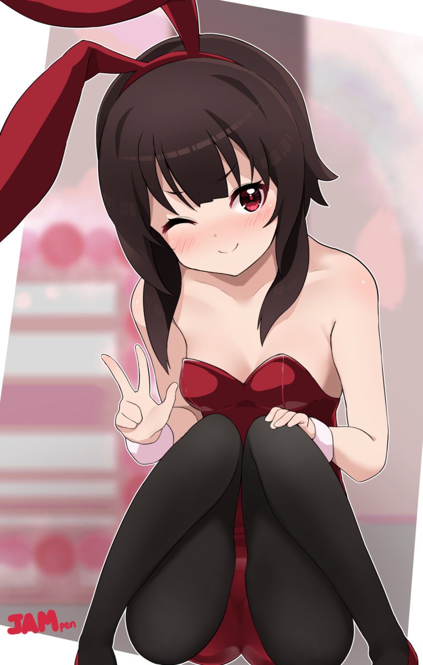 1girl ;) animal_ears bare_arms bare_shoulders black_pantyhose blush breasts fake_animal_ears feet_out_of_frame highres jampen kono_subarashii_sekai_ni_shukufuku_wo! leotard megumin nose_blush one_eye_closed pantyhose playboy_bunny rabbit_ears red_eyes red_leotard skindentation small_breasts smile solo squatting strapless strapless_leotard v