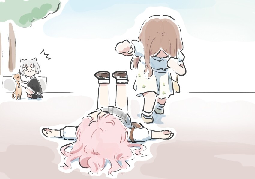 3girls :3 animal_ears bang_dream! bang_dream!_it&#039;s_mygo!!!!! brown_hair cat cat_ears cat_girl chihaya_anon commentary_request dress grey_dress kaname_raana kemonomimi_mode knees_to_chest long_hair lying lyy multiple_girls nagasaki_soyo pinafore_dress pink_hair plaid_clothes plaid_dress raana_the_cat shirt sidelocks skirt sleeveless sleeveless_dress slit_pupils white_hair white_shirt white_skirt