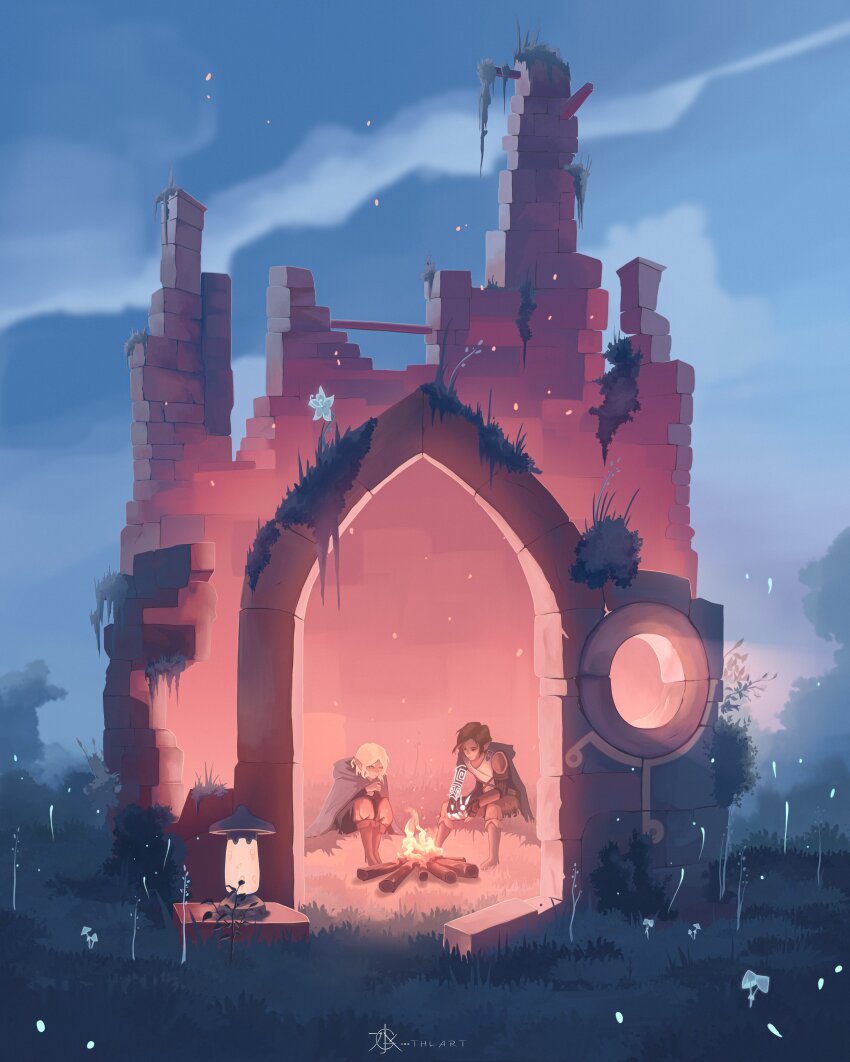 1boy 1girl absurdres armor artist_logo blonde_hair blue_cape blue_cloak blue_eyes blue_sky blurry blurry_background boots brown_eyes brown_hair brown_pants campfire cape cloak cloud doorway fairy fingerless_gloves flower from_outside gloves glowing grass gthlart highres hunched_over lamp light_frown link logo looking_at_fire medium_hair moss mushroom nintendo pants pauldrons pointy_ears princess_zelda prosthesis prosthetic_arm ruins shirt shoulder_armor single_bracer sitting sky stone_wall the_legend_of_zelda the_legend_of_zelda:_tears_of_the_kingdom tower white_flower white_shirt