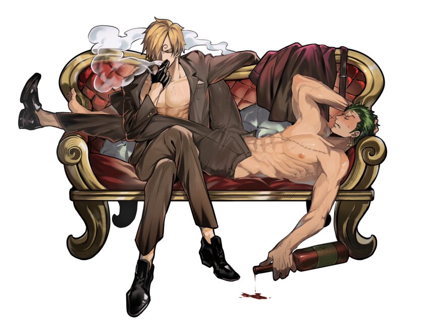2boys bite_mark bite_mark_on_neck black_gloves black_shoes blonde_hair bottle brown_jacket brown_pants cigarette closed_eyes collarbone commentary_request crossed_legs curly_eyebrows gloves green_hair hair_over_one_eye highres holding holding_bottle holding_cigarette implied_yaoi jacket lying male_focus mrjieshisu multiple_boys nipples on_back one_piece open_fly pants pectorals pubic_hair pubic_hair_peek roronoa_zoro sanji_(one_piece) shoes short_hair shredded_muscles sitting smoke smoking